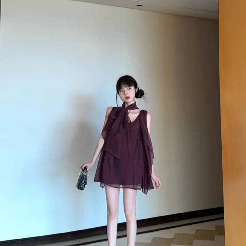 행침 목 여성 드레스 프랑스식 고급 센스 명문 여성 보라색 민소매 V넥 쉬폰 치마 루즈핏 슬림해 보이는 A라인 스커트 이미지 3