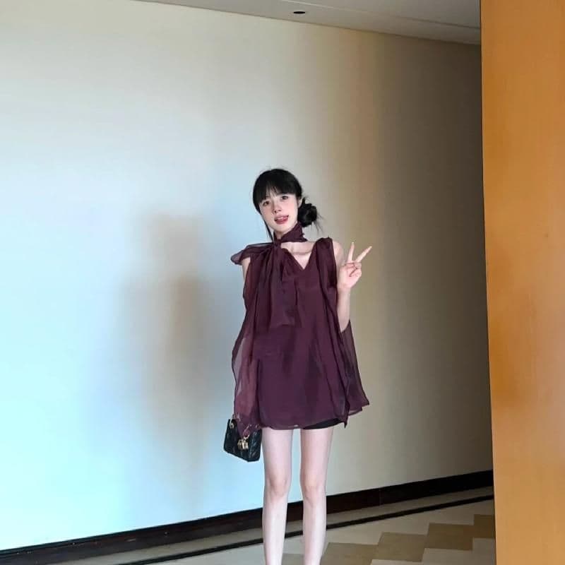 행침 목 여성 드레스 프랑스식 고급 센스 명문 여성 보라색 민소매 V넥 쉬폰 치마 루즈핏 슬림해 보이는 A라인 스커트 이미지 2