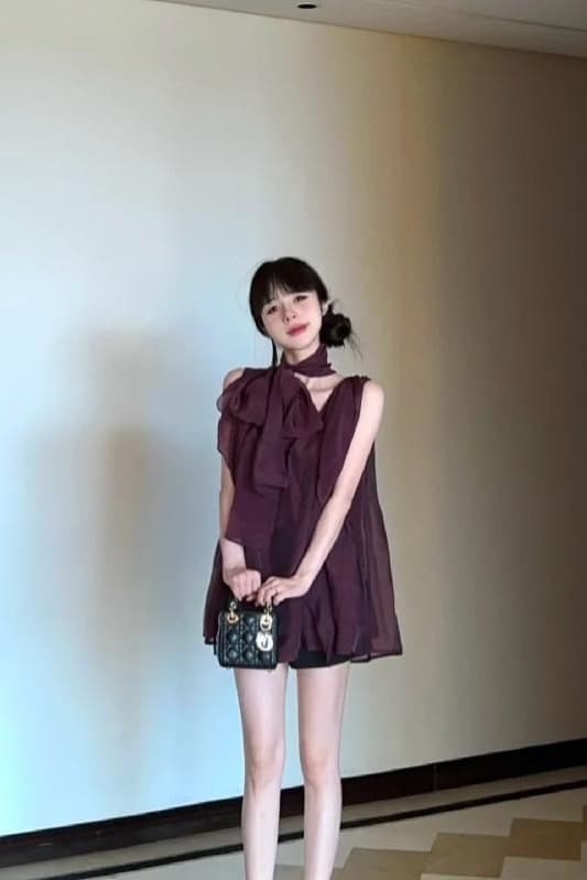 행침 목 여성 드레스 프랑스식 고급 센스 명문 여성 보라색 민소매 V넥 쉬폰 치마 루즈핏 슬림해 보이는 A라인 스커트 이미지 6