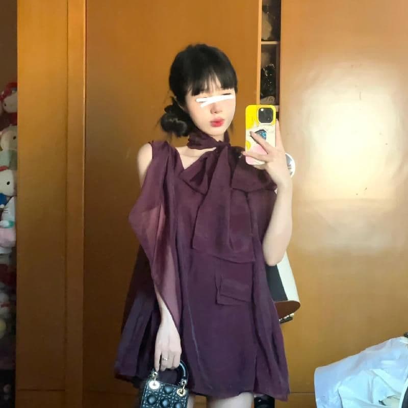 행침 목 여성 드레스 프랑스식 고급 센스 명문 여성 보라색 민소매 V넥 쉬폰 치마 루즈핏 슬림해 보이는 A라인 스커트 상세 이미지 2