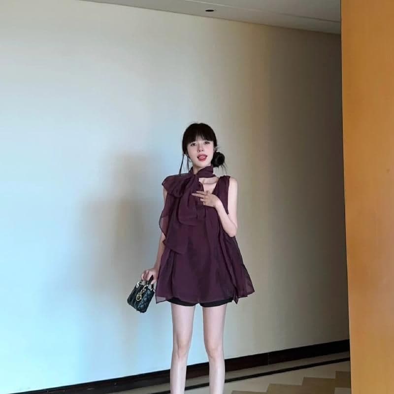 행침 목 여성 드레스 프랑스식 고급 센스 명문 여성 보라색 민소매 V넥 쉬폰 치마 루즈핏 슬림해 보이는 A라인 스커트 상세 이미지 3