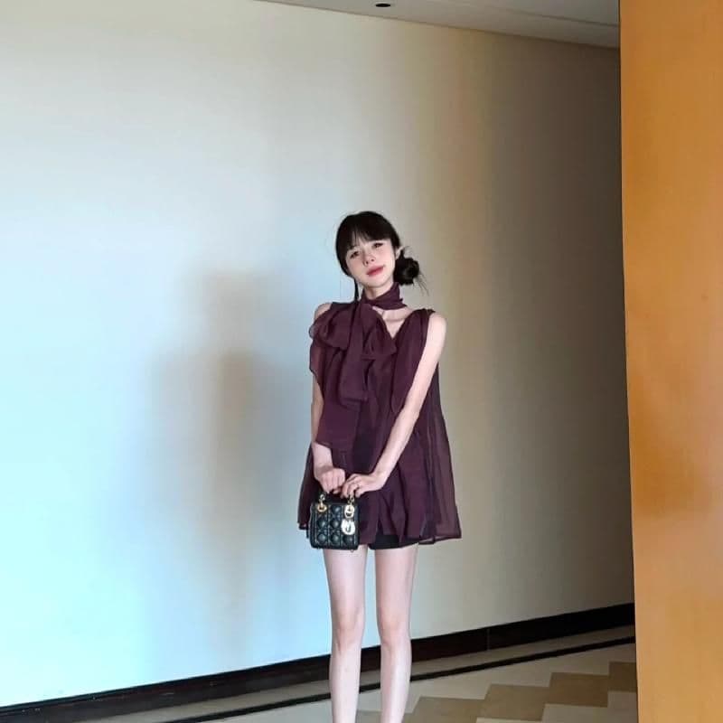 행침 목 여성 드레스 프랑스식 고급 센스 명문 여성 보라색 민소매 V넥 쉬폰 치마 루즈핏 슬림해 보이는 A라인 스커트 상세 이미지 7