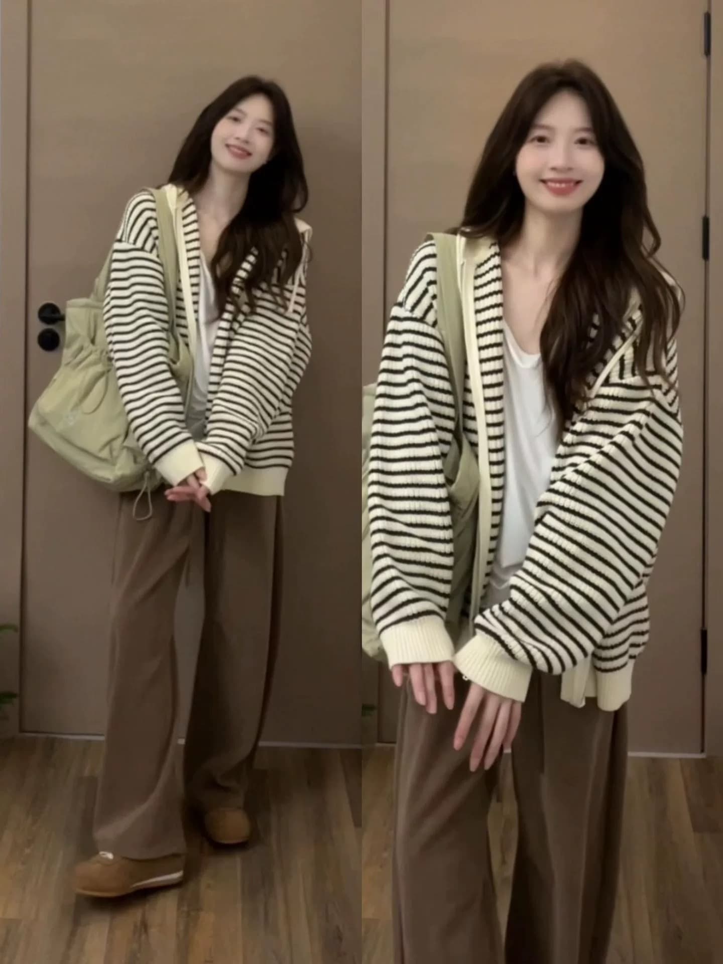 11an 니트 배색 스웨터 오픈 가디건 bonneriee 가을 겨울 한 부서 느긋한 캐주얼 스트라이프 후드 여성 코트 이미지 2