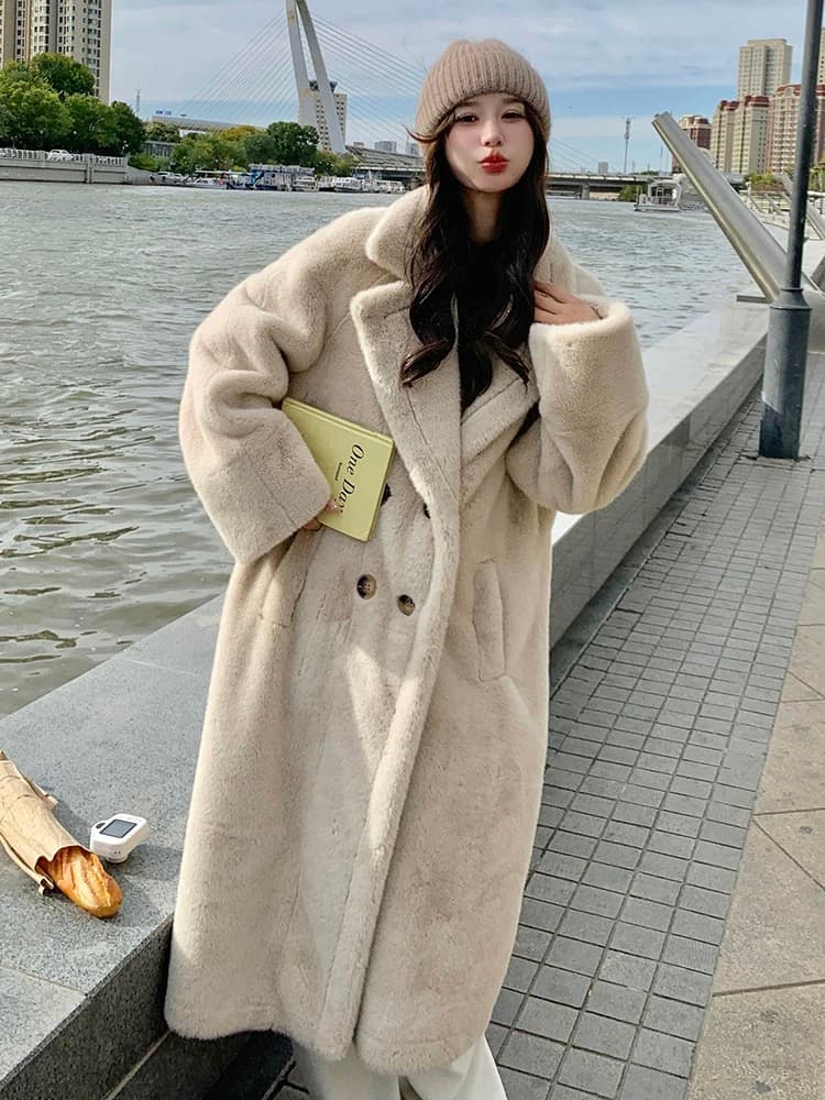 겨울 환경 보호 모피 모방 밍크 플리스 롱 코트 루즈핏 두꺼운 플러스 면 보온 정장 칼라 모피 외투 여성