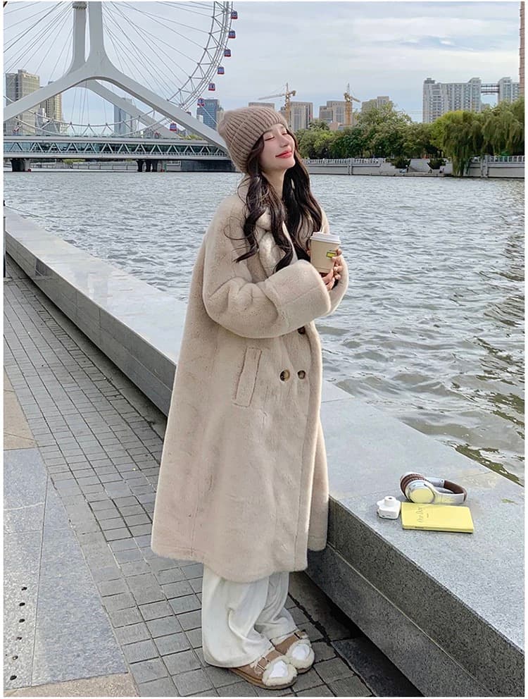 겨울 환경 보호 모피 모방 밍크 플리스 롱 코트 루즈핏 두꺼운 플러스 면 보온 정장 칼라 모피 외투 여성 상세 이미지 1