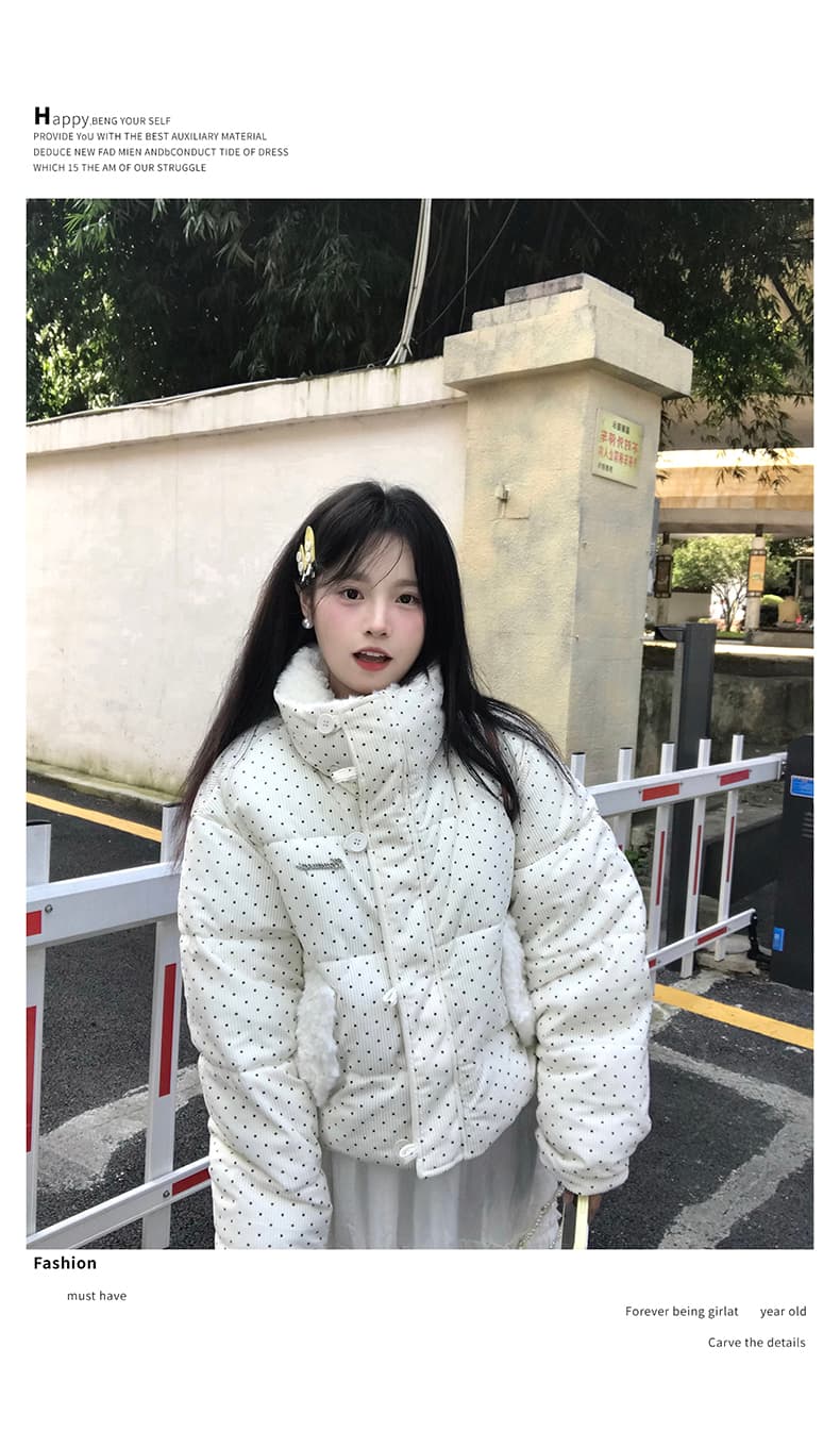 코듀로이 도트 무늬 아래 면화 의류 여성 2026 겨울 새로운 두꺼운 루즈핏 모피 칼라 빵 외투 맨위 상세 이미지 15