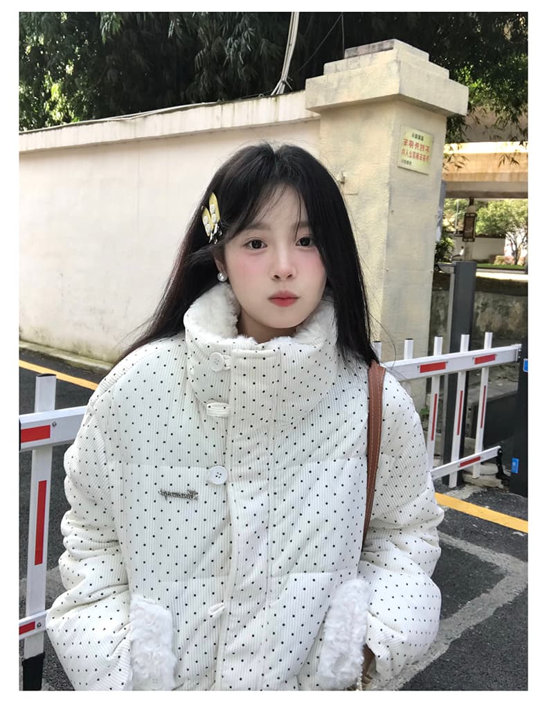 코듀로이 도트 무늬 아래 면화 의류 여성 2026 겨울 새로운 두꺼운 루즈핏 모피 칼라 빵 외투 맨위 상세 이미지 20