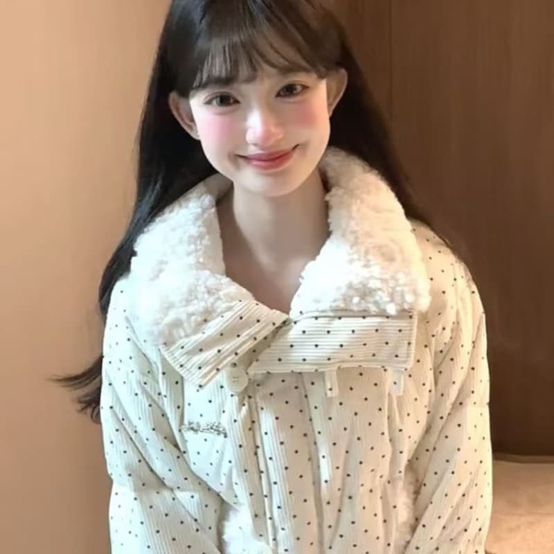 한 부서 달콤한 스타일 도트 무늬 모피 칼라 아래 면화 의류 여성 코트 가을 겨울철 루즈핏 두꺼운 보온 쇼트 스타일 패딩 재킷 이미지 4