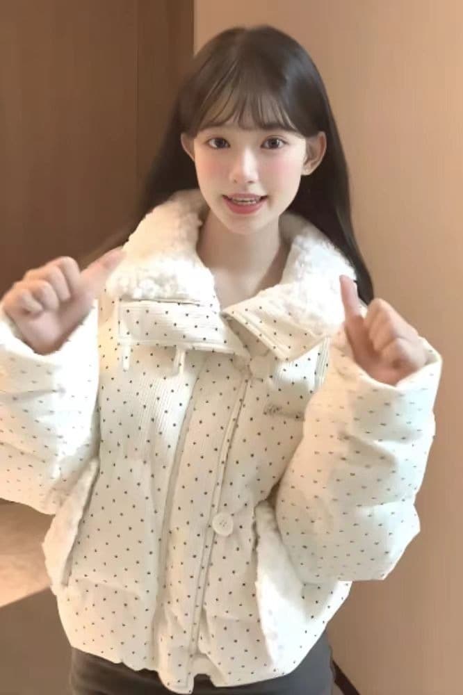 한 부서 달콤한 스타일 도트 무늬 모피 칼라 아래 면화 의류 여성 코트 가을 겨울철 루즈핏 두꺼운 보온 쇼트 스타일 패딩 재킷 이미지 6