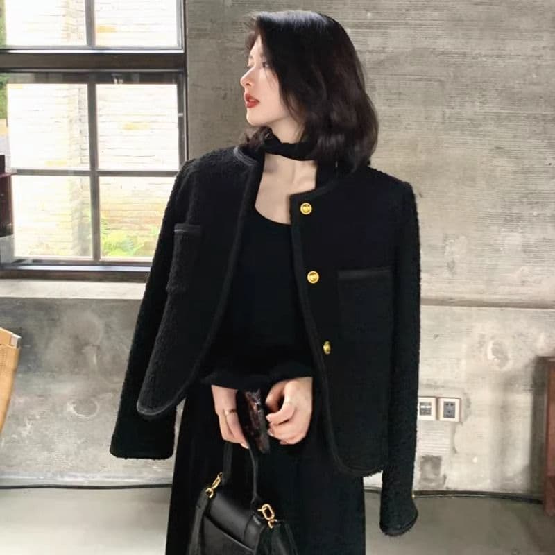 프랑스식 다용도 긴팔 고급 작은 샤넬 스타일 재킷 작은 키 쇼트 스타일 몸매 가꾸기 부드러운 바람 싱글 줄 버튼 검정색 재킷