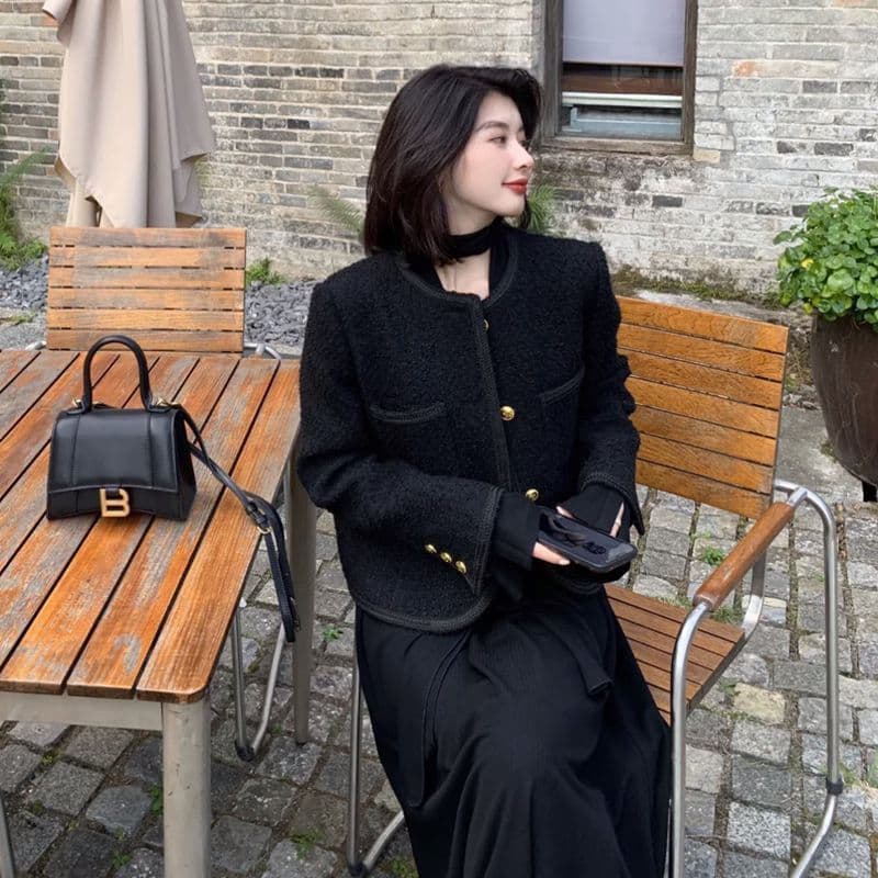 프랑스식 다용도 긴팔 고급 작은 샤넬 스타일 재킷 작은 키 쇼트 스타일 몸매 가꾸기 부드러운 바람 싱글 줄 버튼 검정색 재킷 이미지 2
