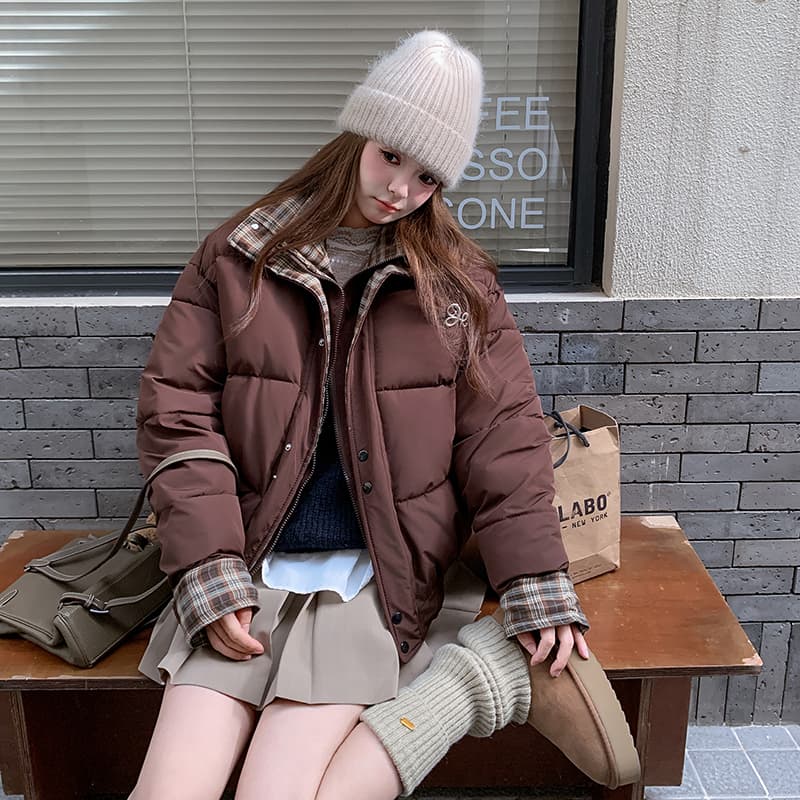 실사 주황색 서브 트리 어디 페이크 레이어드 체크무늬 패치워크 면 의류 여성 코트 겨울 디자인 센스 루즈핏 패딩 재킷 이미지 3
