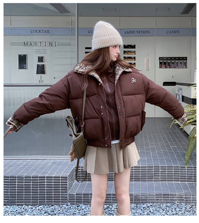실사 주황색 서브 트리 어디 페이크 레이어드 체크무늬 패치워크 면 의류 여성 코트 겨울 디자인 센스 루즈핏 패딩 재킷 상세 이미지 16