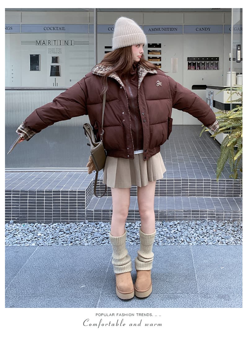 실사 주황색 서브 트리 어디 페이크 레이어드 체크무늬 패치워크 면 의류 여성 코트 겨울 디자인 센스 루즈핏 패딩 재킷 상세 이미지 17