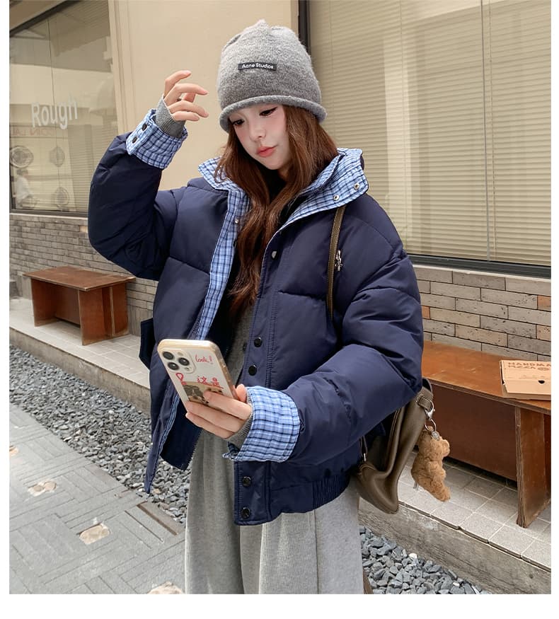 실사 주황색 서브 트리 어디 페이크 레이어드 체크무늬 패치워크 면 의류 여성 코트 겨울 디자인 센스 루즈핏 패딩 재킷 상세 이미지 25