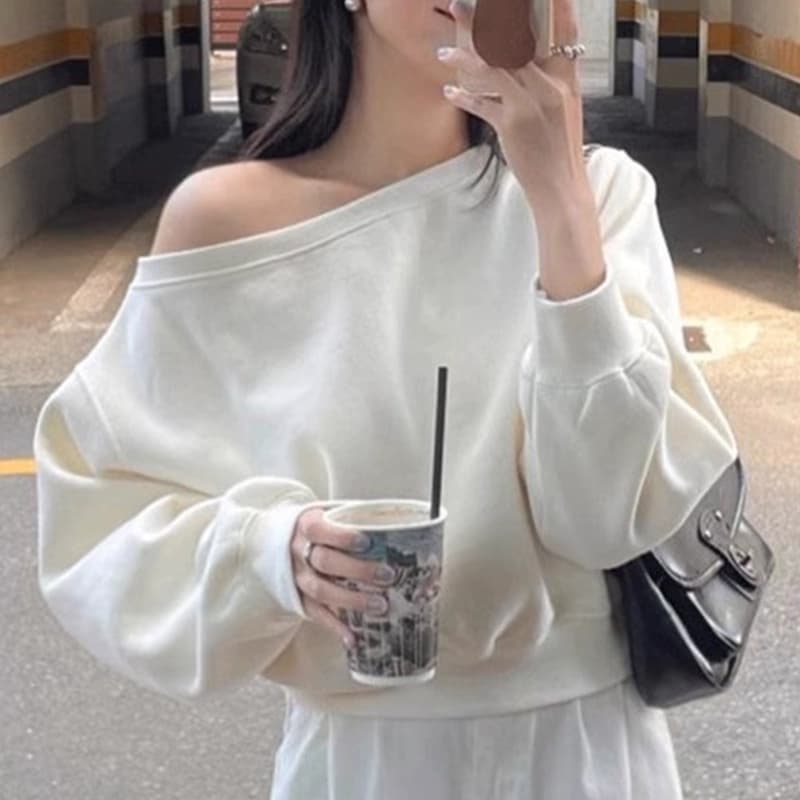 후아 면 가을 프랑스식 작은 심장 기계 비스듬한 칼라 불규칙 오프숄더 디자인 센스 루즈핏 다용도 긴팔 후드티 여성 상세 이미지 2