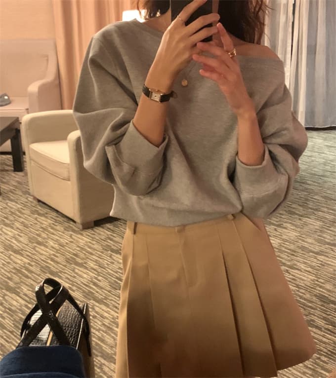 후아 면 가을 프랑스식 작은 심장 기계 비스듬한 칼라 불규칙 오프숄더 디자인 센스 루즈핏 다용도 긴팔 후드티 여성 상세 이미지 10