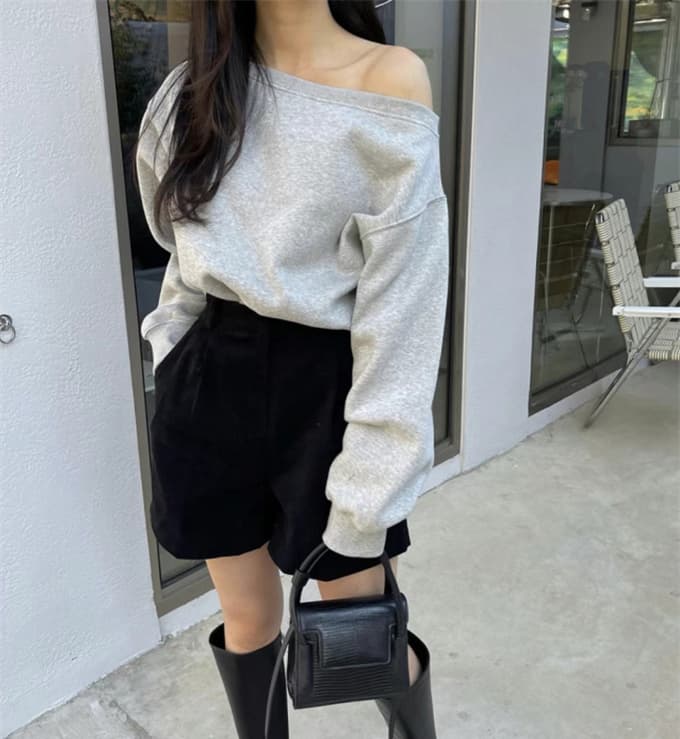 후아 면 가을 프랑스식 작은 심장 기계 비스듬한 칼라 불규칙 오프숄더 디자인 센스 루즈핏 다용도 긴팔 후드티 여성 상세 이미지 17
