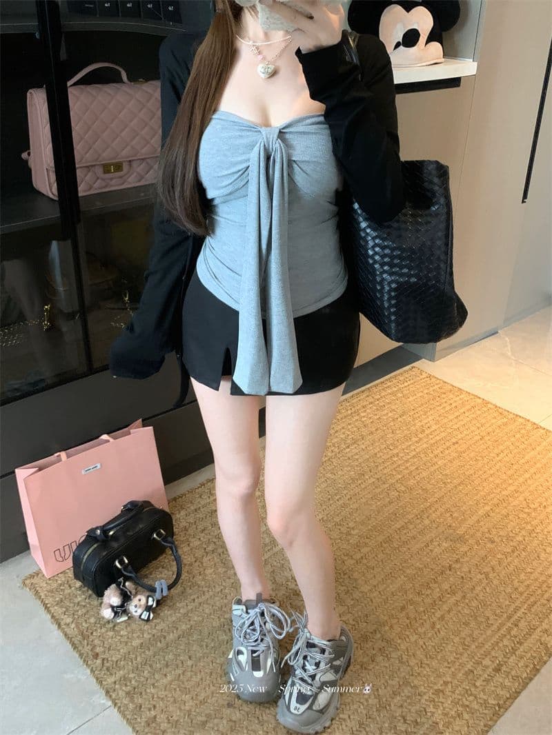 한 부서 자매 순수한 욕망 섹시함 어두운 회색 튜브탑 슬립 몸매 가꾸기 카디건 코트 투피스 세트 자외선 차단 세트 여성 가을 상세 이미지 8