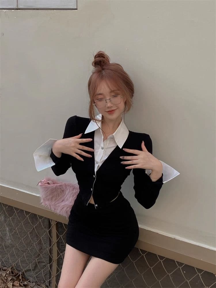검정색 페이크 레이어드 긴팔 여성 셔츠 가을 2026 년 새로운 핫걸 디자인 센스 작은 대중 몸매 가꾸기 쇼트 스타일 맨위 상세 이미지 2