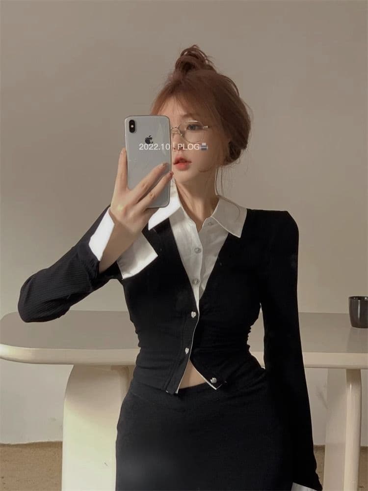 검정색 페이크 레이어드 긴팔 여성 셔츠 가을 2026 년 새로운 핫걸 디자인 센스 작은 대중 몸매 가꾸기 쇼트 스타일 맨위 상세 이미지 3