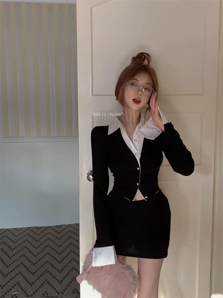 검정색 페이크 레이어드 긴팔 여성 셔츠 가을 2026 년 새로운 핫걸 디자인 센스 작은 대중 몸매 가꾸기 쇼트 스타일 맨위 상세 이미지 5
