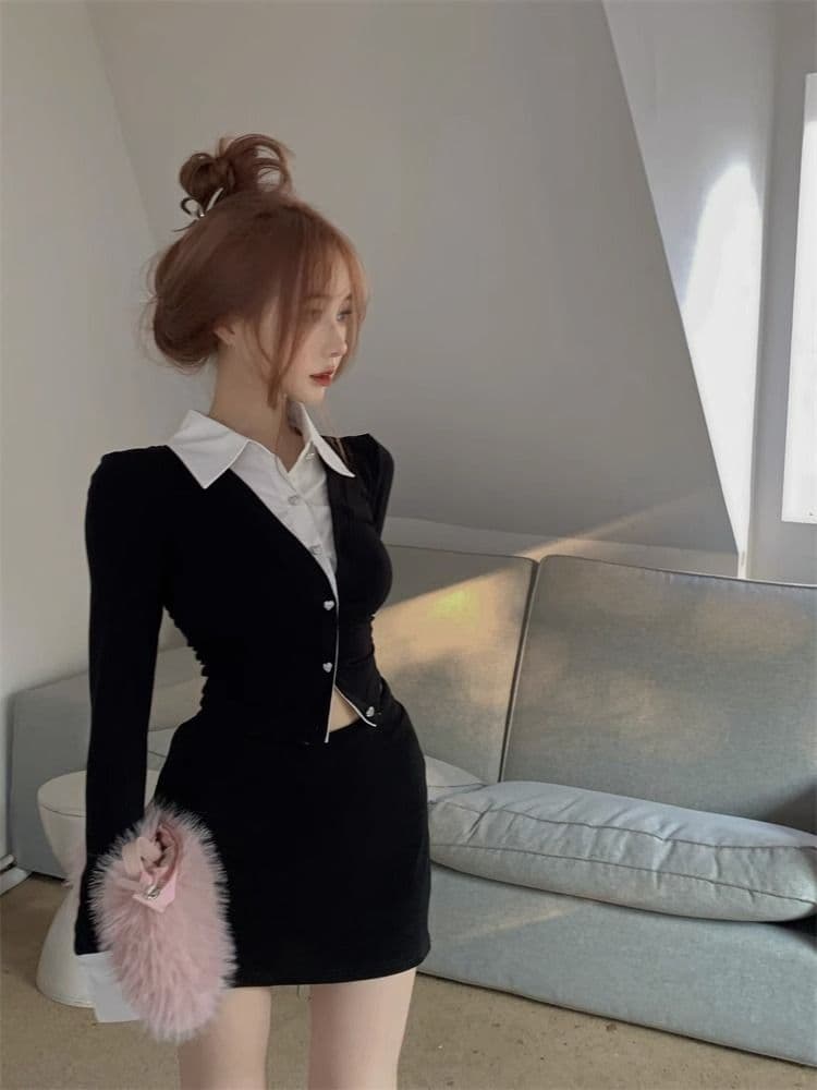 검정색 페이크 레이어드 긴팔 여성 셔츠 가을 2026 년 새로운 핫걸 디자인 센스 작은 대중 몸매 가꾸기 쇼트 스타일 맨위 상세 이미지 7