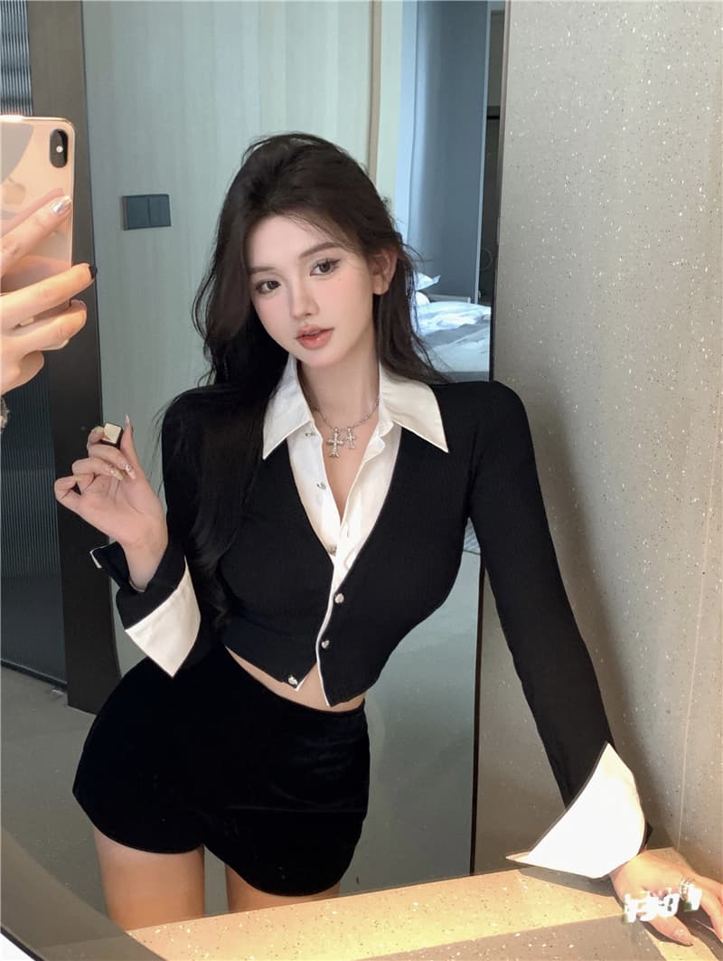 검정색 페이크 레이어드 긴팔 여성 셔츠 가을 2026 년 새로운 핫걸 디자인 센스 작은 대중 몸매 가꾸기 쇼트 스타일 맨위 상세 이미지 10