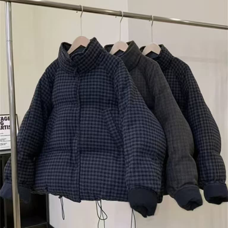 peasluna 한 부서 체크무늬 스탠드 칼라 쇼트 스타일 면 의류 고급 센스 루즈핏 다용도 겨울 보온 빵 외투 이미지 2