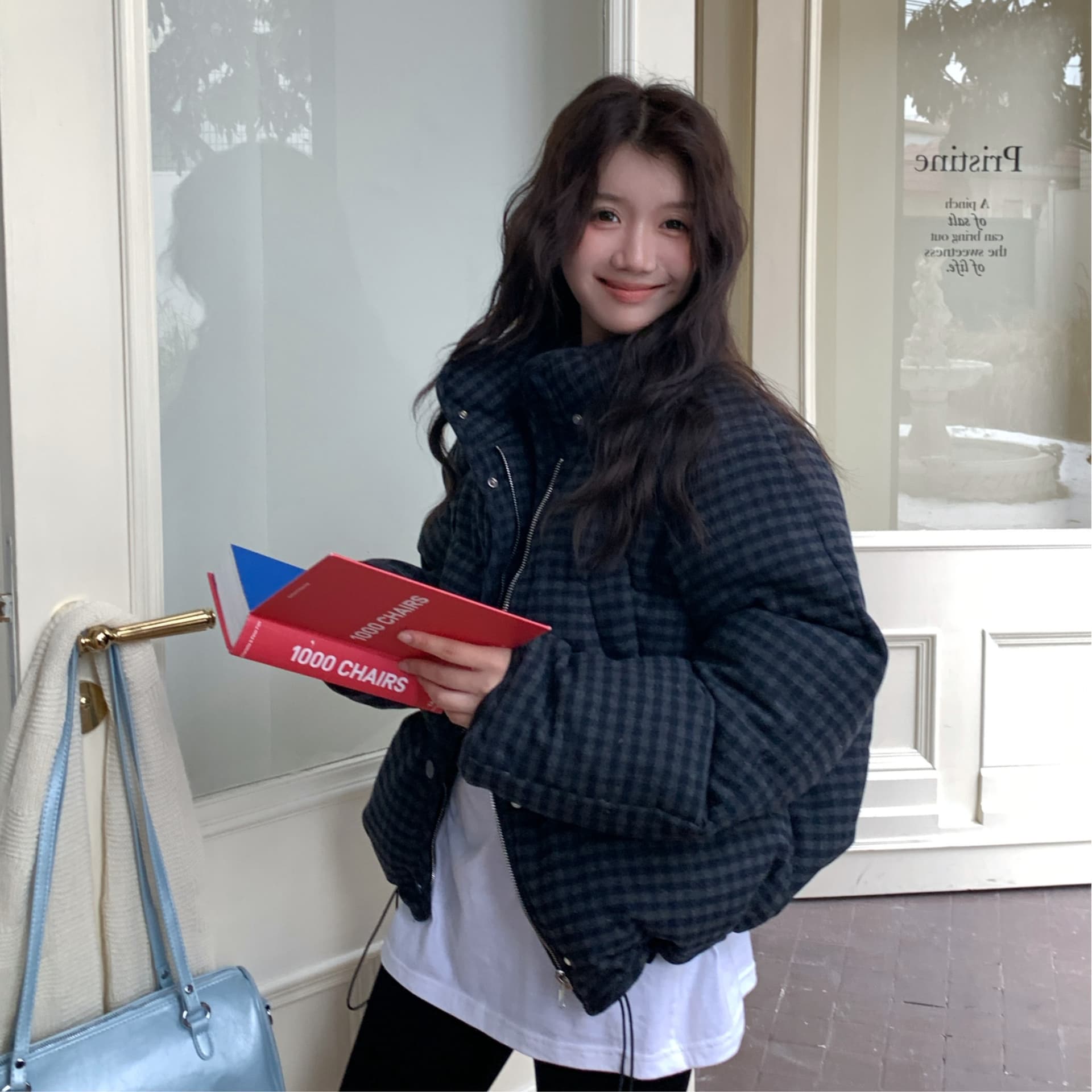peasluna 한 부서 체크무늬 스탠드 칼라 쇼트 스타일 면 의류 고급 센스 루즈핏 다용도 겨울 보온 빵 외투 이미지 6