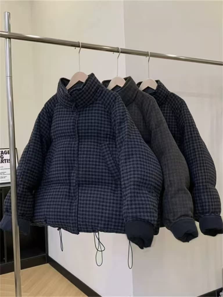 peasluna 한 부서 체크무늬 스탠드 칼라 쇼트 스타일 면 의류 고급 센스 루즈핏 다용도 겨울 보온 빵 외투 상세 이미지 2
