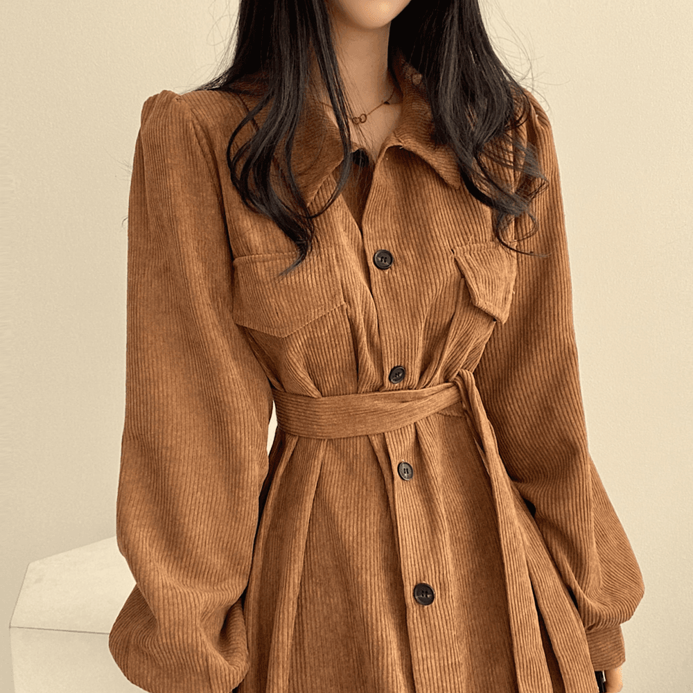 한국 스타일 chic 가을 겨울 프랑스식 레트로 폴로 칼라 싱글 줄 버튼 스트랩 허리 수축 롱 코트 단색 코듀로이 여성 드레스 이미지 4