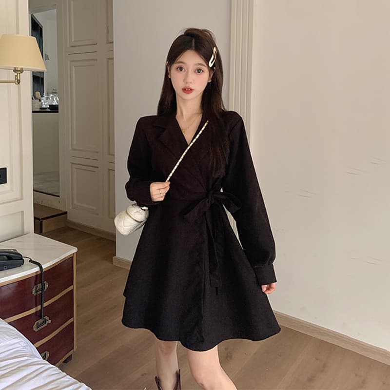 실사 프랑스식 그는 벤 바람 코듀로이 검정색 긴팔 정장 치마 가을 겨울 고급 센스 작은 대중 허리 수축 드레스 이미지 3