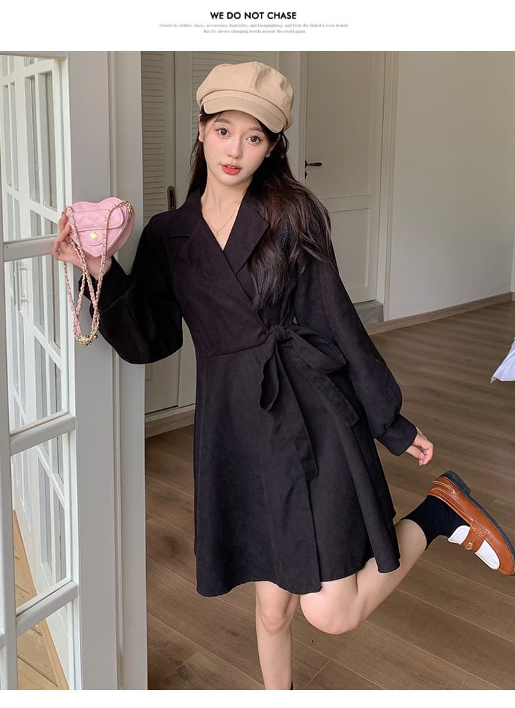 실사 프랑스식 그는 벤 바람 코듀로이 검정색 긴팔 정장 치마 가을 겨울 고급 센스 작은 대중 허리 수축 드레스 상세 이미지 9