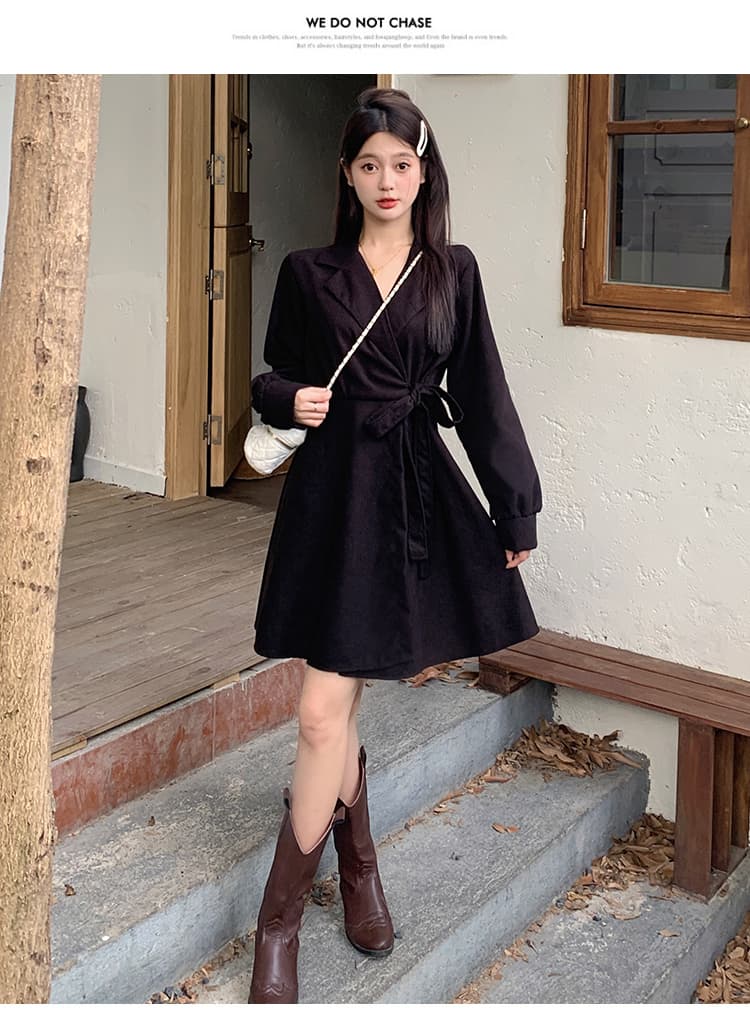 실사 프랑스식 그는 벤 바람 코듀로이 검정색 긴팔 정장 치마 가을 겨울 고급 센스 작은 대중 허리 수축 드레스 상세 이미지 16