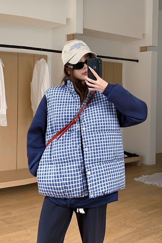 실사 한 부서 고급 센스 파란색 체크무늬 다운 코트 조끼 여자 겨울 패딩 재킷 목화 진딧물 재킷 맨위 여성 이미지 7