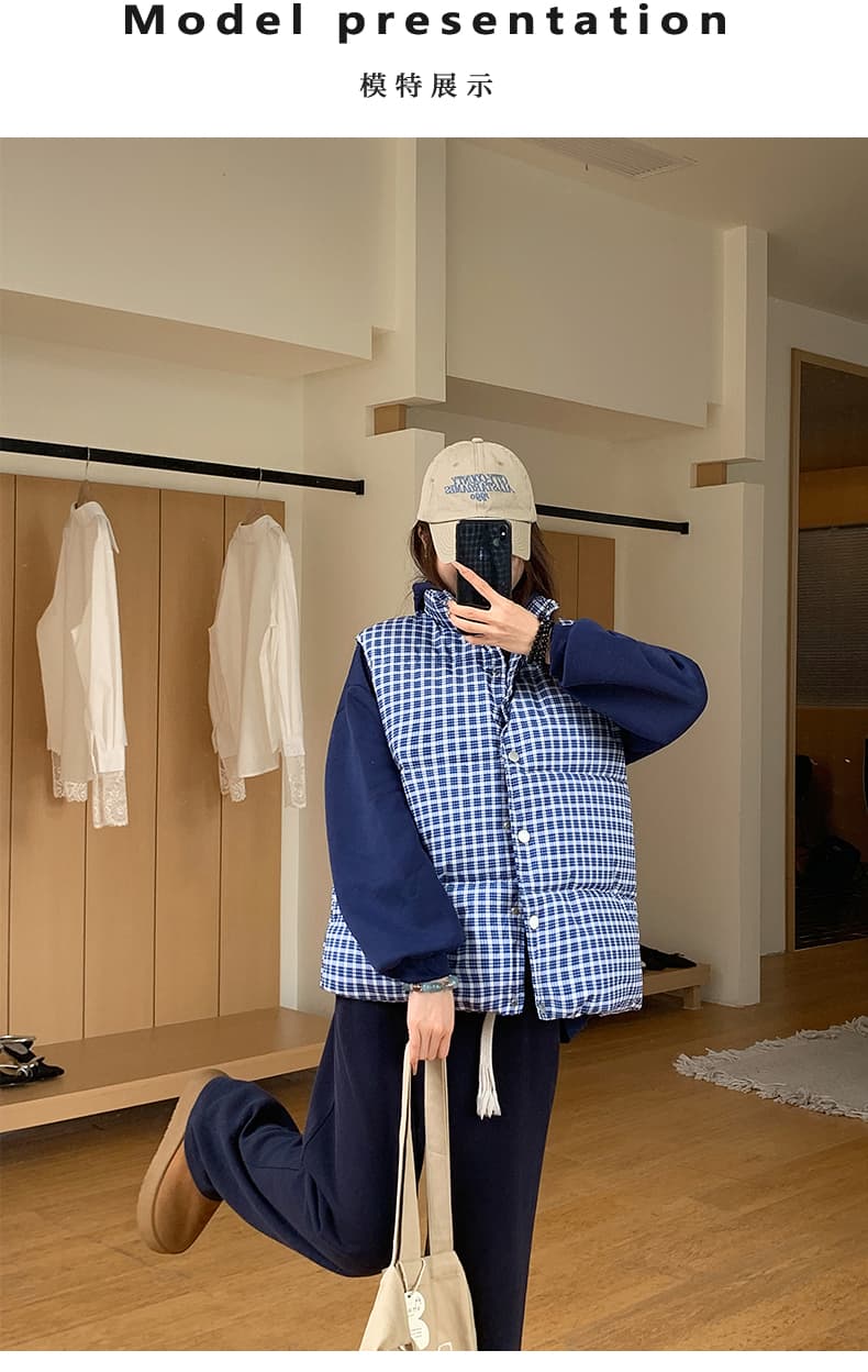 실사 한 부서 고급 센스 파란색 체크무늬 다운 코트 조끼 여자 겨울 패딩 재킷 목화 진딧물 재킷 맨위 여성 상세 이미지 11