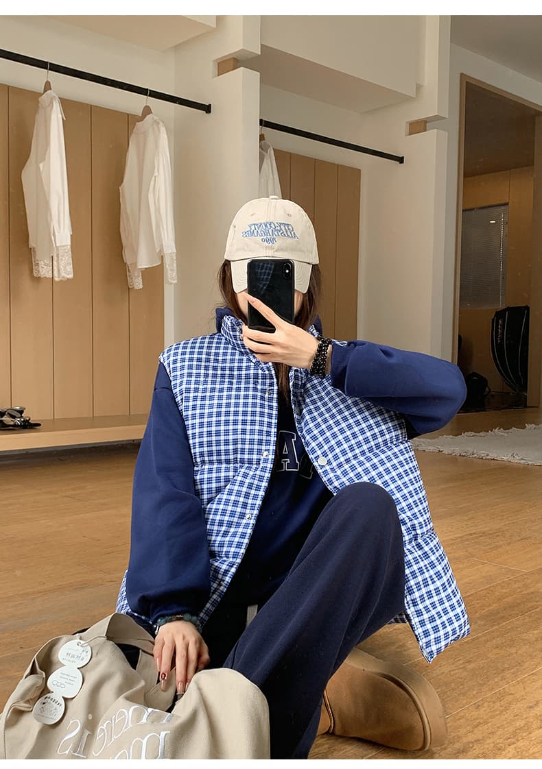 실사 한 부서 고급 센스 파란색 체크무늬 다운 코트 조끼 여자 겨울 패딩 재킷 목화 진딧물 재킷 맨위 여성 상세 이미지 15
