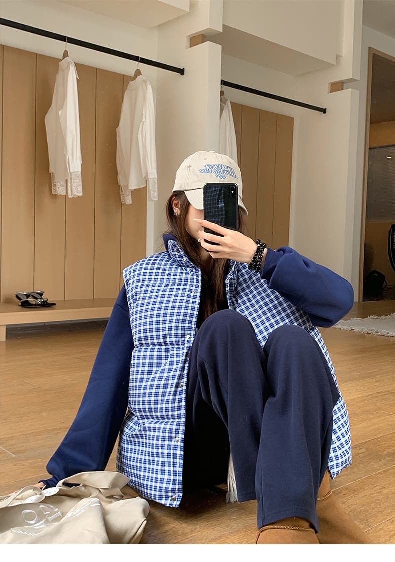 실사 한 부서 고급 센스 파란색 체크무늬 다운 코트 조끼 여자 겨울 패딩 재킷 목화 진딧물 재킷 맨위 여성 상세 이미지 17