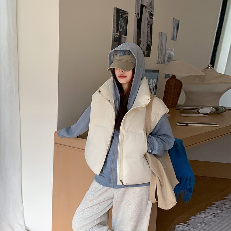 실사 한 부서 다용도 면 의류 조끼 여자 겨울 새로운 ins 스택 착용 어깨 스탠드 칼라 조끼 자켓 맨위 여성 이미지 4