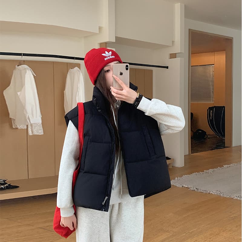 실사 한 부서 다용도 면 의류 조끼 여자 겨울 새로운 ins 스택 착용 어깨 스탠드 칼라 조끼 자켓 맨위 여성 이미지 2