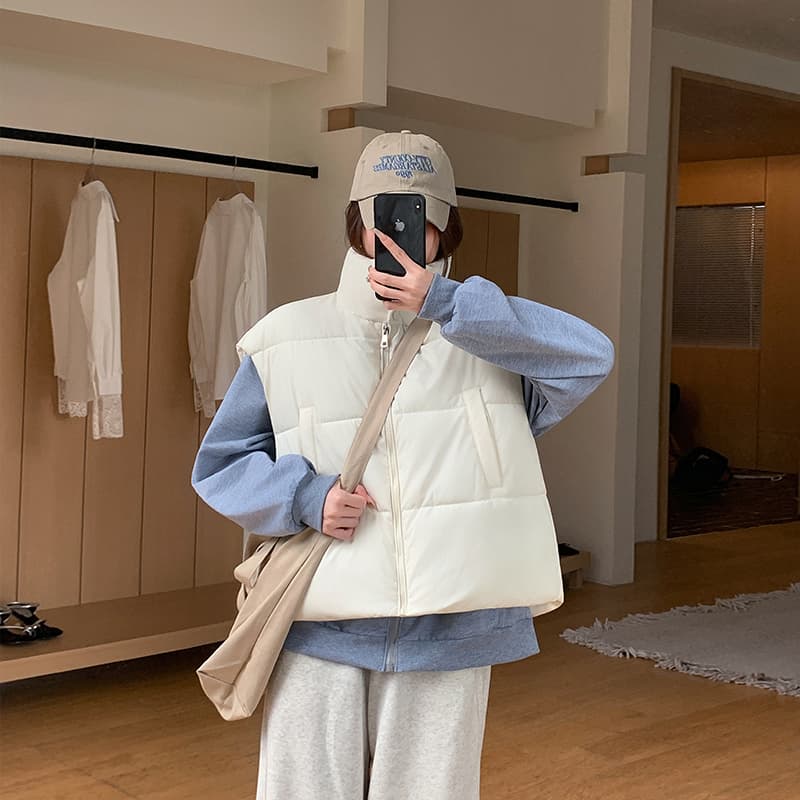 실사 한 부서 다용도 면 의류 조끼 여자 겨울 새로운 ins 스택 착용 어깨 스탠드 칼라 조끼 자켓 맨위 여성 이미지 5