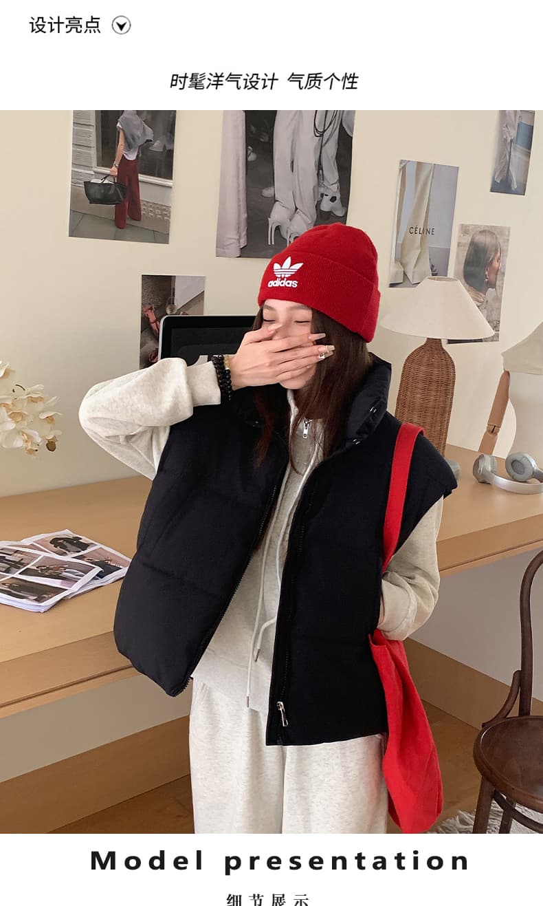 실사 한 부서 다용도 면 의류 조끼 여자 겨울 새로운 ins 스택 착용 어깨 스탠드 칼라 조끼 자켓 맨위 여성 상세 이미지 5