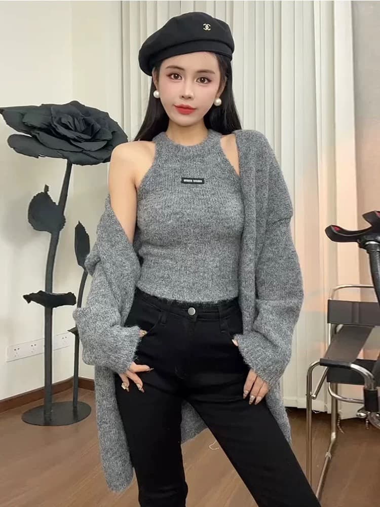 한 부서 chic 핫걸 바람 새로운 타이트 행침 목 슬림해 보이는 니트 조끼 느긋한 외국 가스 오픈 가디건 스웨터 투피스 세트 이미지 2