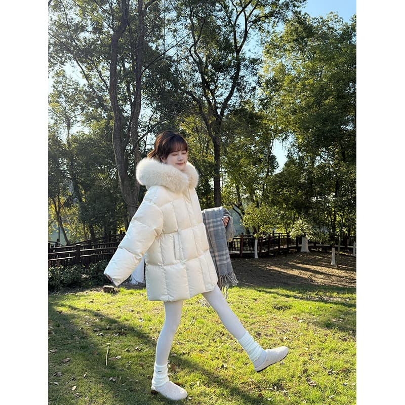 핑크색 우유 푸 면 의류 여성 beloved 작은 우유 패키지 새로운 큰 모피 칼라 면 의류 중간 길이 면 옷 두꺼운 재킷 이미지 2