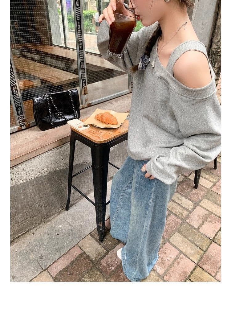한 번 작은 짭짤한 회색 작은 대중 디자인 센스 비스듬한 어깨 후드티 여성 가을 루즈핏 풀오버 긴팔 없음 모자 오프숄더 맨위 상세 이미지 12