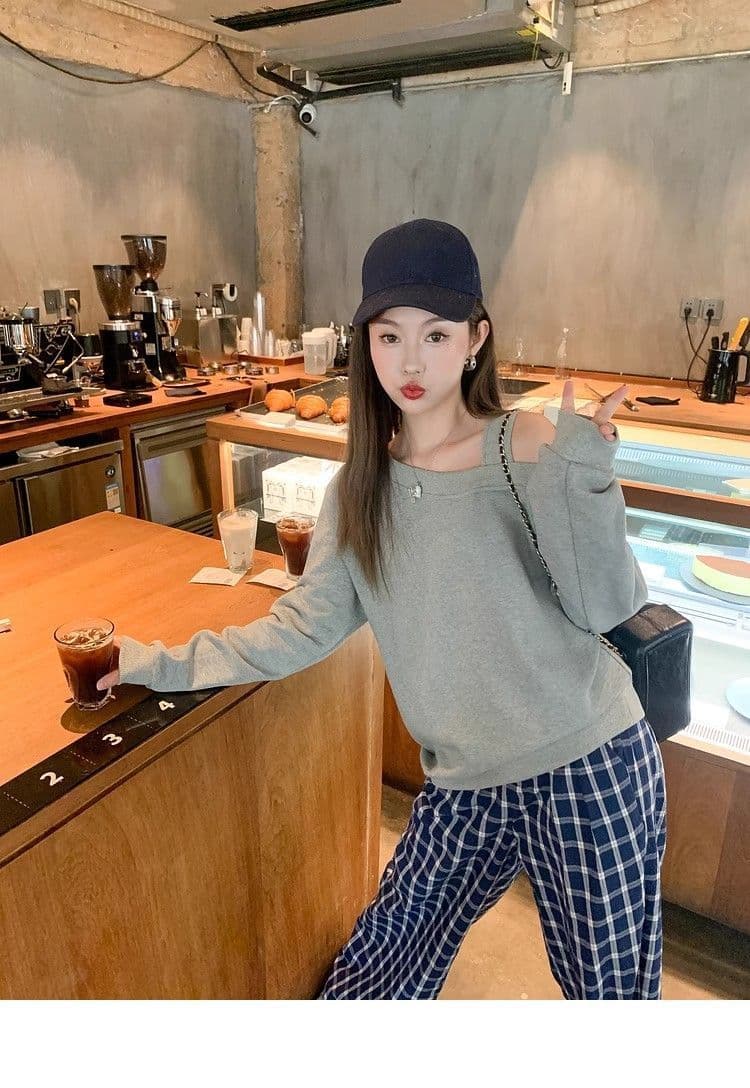 한 번 작은 짭짤한 회색 작은 대중 디자인 센스 비스듬한 어깨 후드티 여성 가을 루즈핏 풀오버 긴팔 없음 모자 오프숄더 맨위 상세 이미지 17