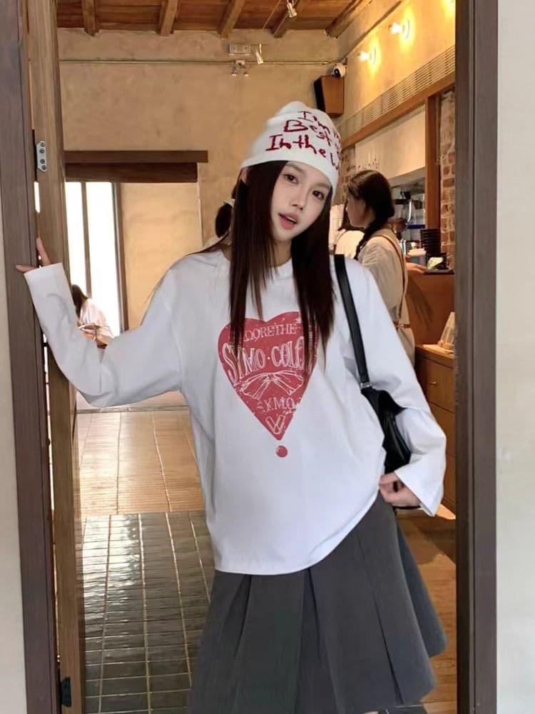 순면 이후 패키지 칼라 bm 조수 브랜드 인터넷 유명인 한국 스타일 하라주쿠 와이드 바람 소나무 맨위 캐주얼 프린트 연령 감소 긴팔 티셔츠 여성 이미지 2