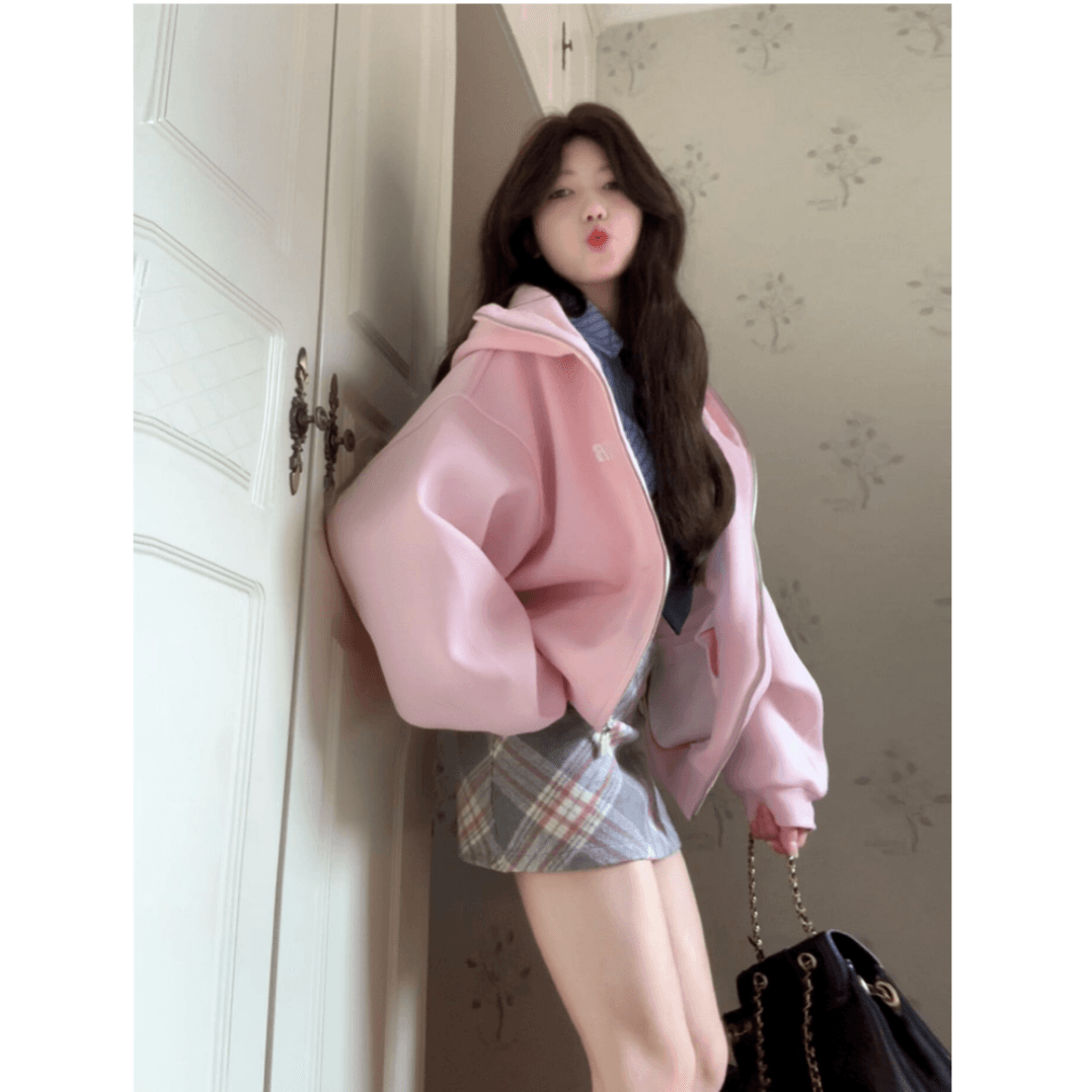 순면 조기 가을 oversize 후드티 트렌디 ins 여성 봄 가을 2026 새로운 가을 겨울 의류 오픈 가디건 후드 재킷 이미지 3