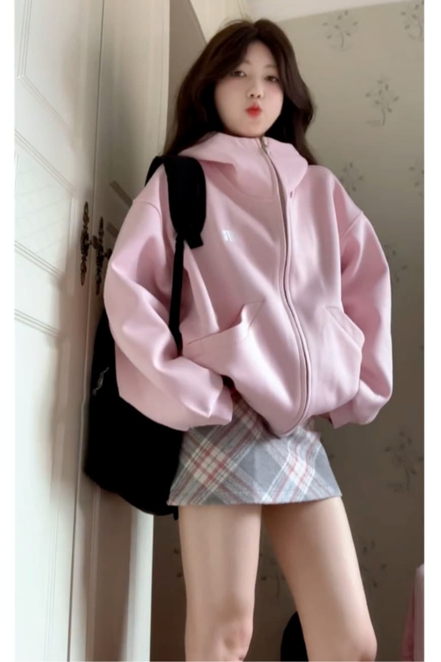 순면 조기 가을 oversize 후드티 트렌디 ins 여성 봄 가을 2026 새로운 가을 겨울 의류 오픈 가디건 후드 재킷 이미지 6